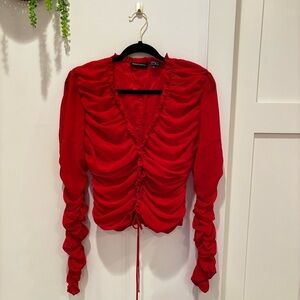 Moda International Red Ruched Tie Up Women's Long Sleeve Euro Ruffle Top Size S